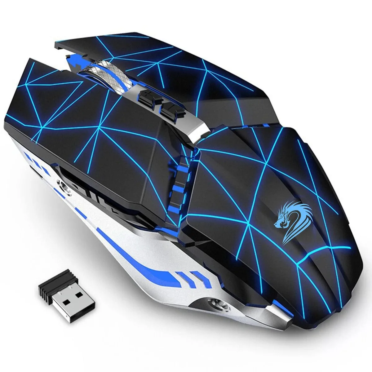 Right-handed black gaming mouse with 16 buttons, optical sensor, touch scroll, starry finish, USB receiver included