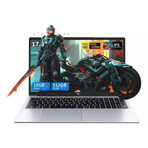 Silver 17.3 inch laptop, slim aluminium chassis, flat hinge, fingerprint reader visible