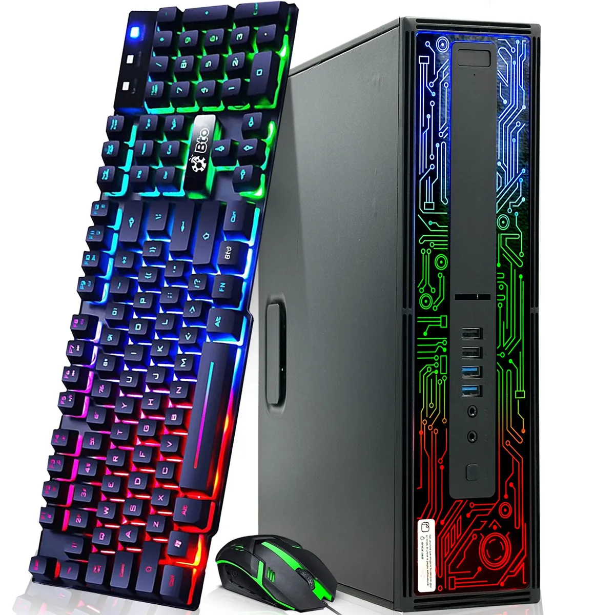 Black small-form-factor desktop tower with RGB lighting, wired keyboard and mouse
