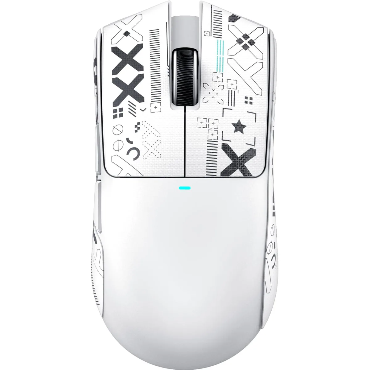White lightweight wireless gaming mouse with ergonomic shape and textured griptape