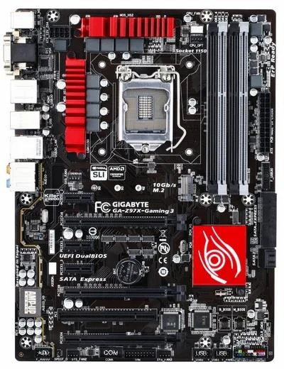 Black ATX motherboard with orange accents and LED audio path lighting