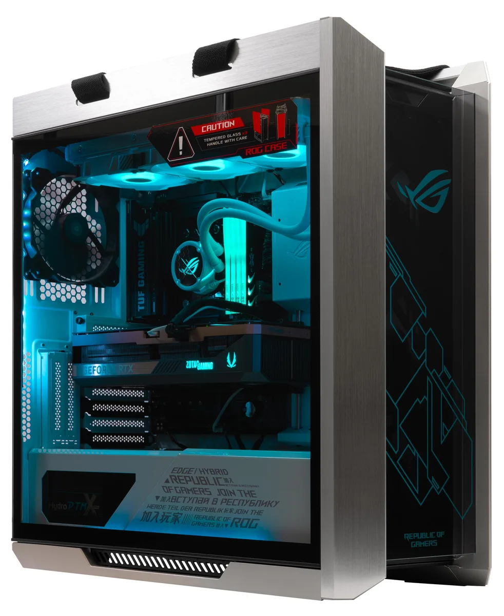 White full-tower gaming desktop with tempered-glass side panel and RGB lighting