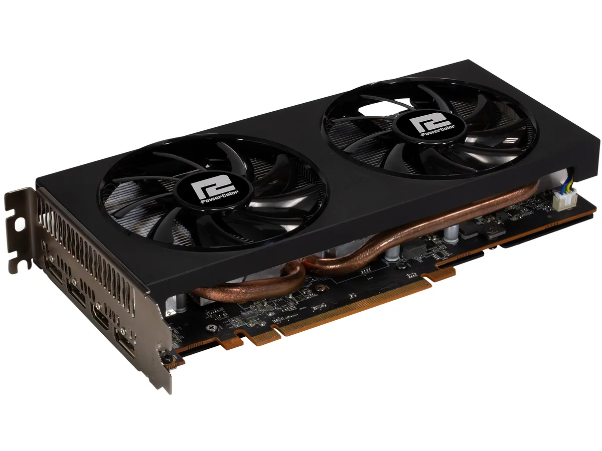 Black dual-fan graphics card with silver accents, PCIe 4.0 interface visible