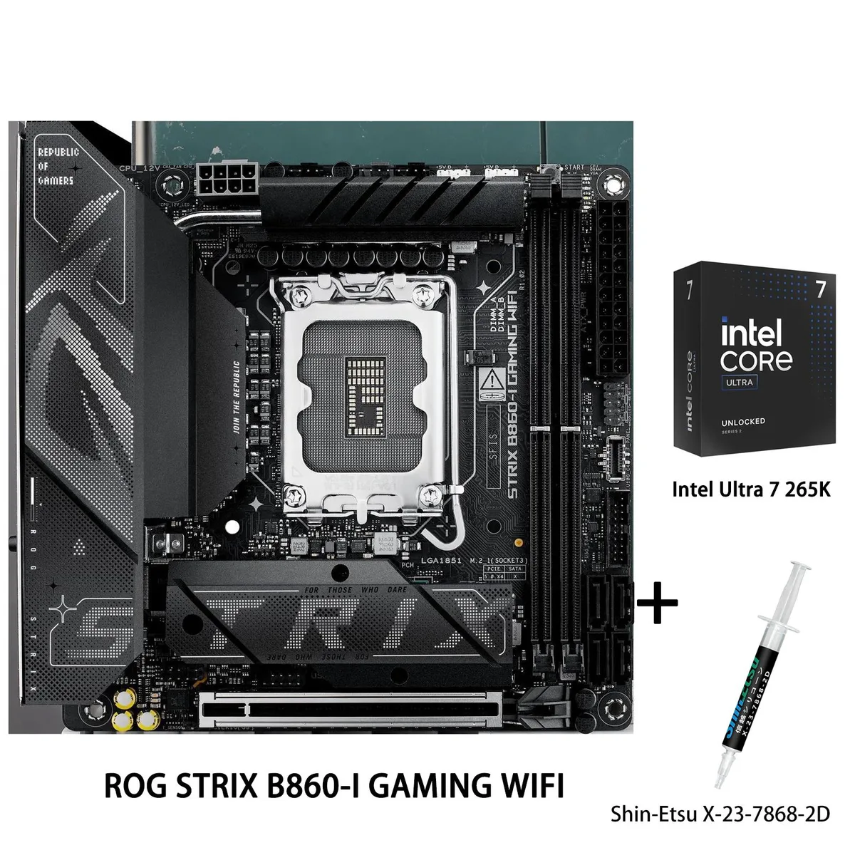 Compact Mini-ITX board with dark heatsinks and I/O shield, boxed CPU and small thermal-paste tube