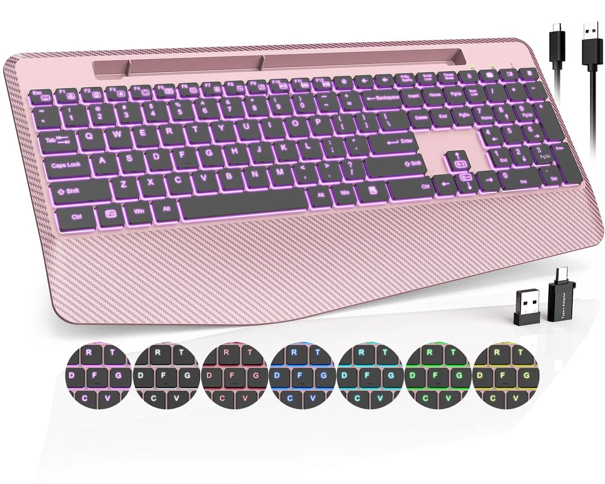 Rose gold wireless gaming keyboard with integrated wrist rest and foldable phone holder, low-profile tactile keys