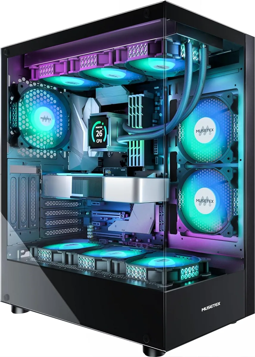BFKK BFKK K2 ATX Mid Tower PC Case, 6 PWM ARGB Fans, Dual Tempered Glass, Black — product photo