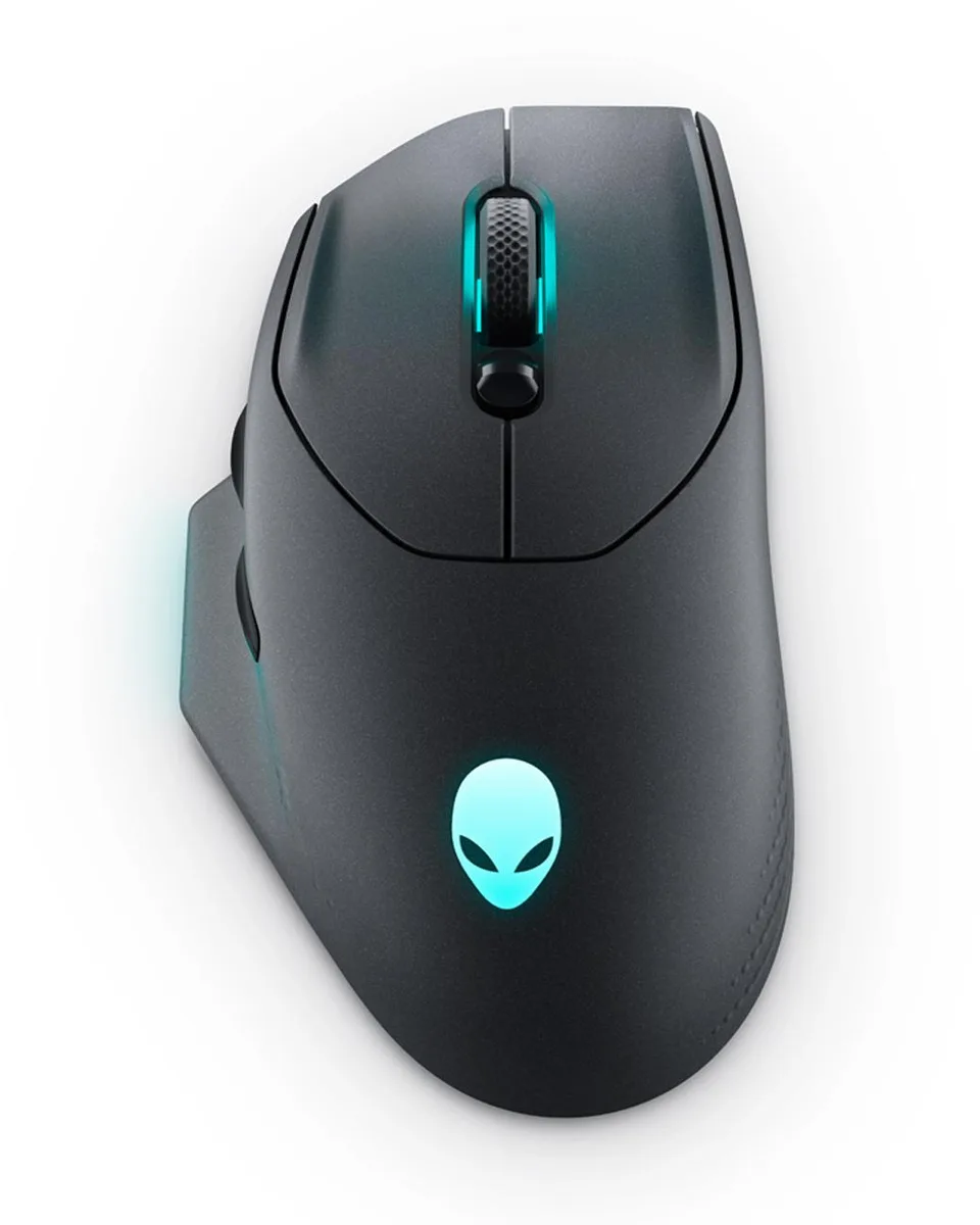 Full-sized right-handed gaming mouse in dark matte finish with RGB lighting zones