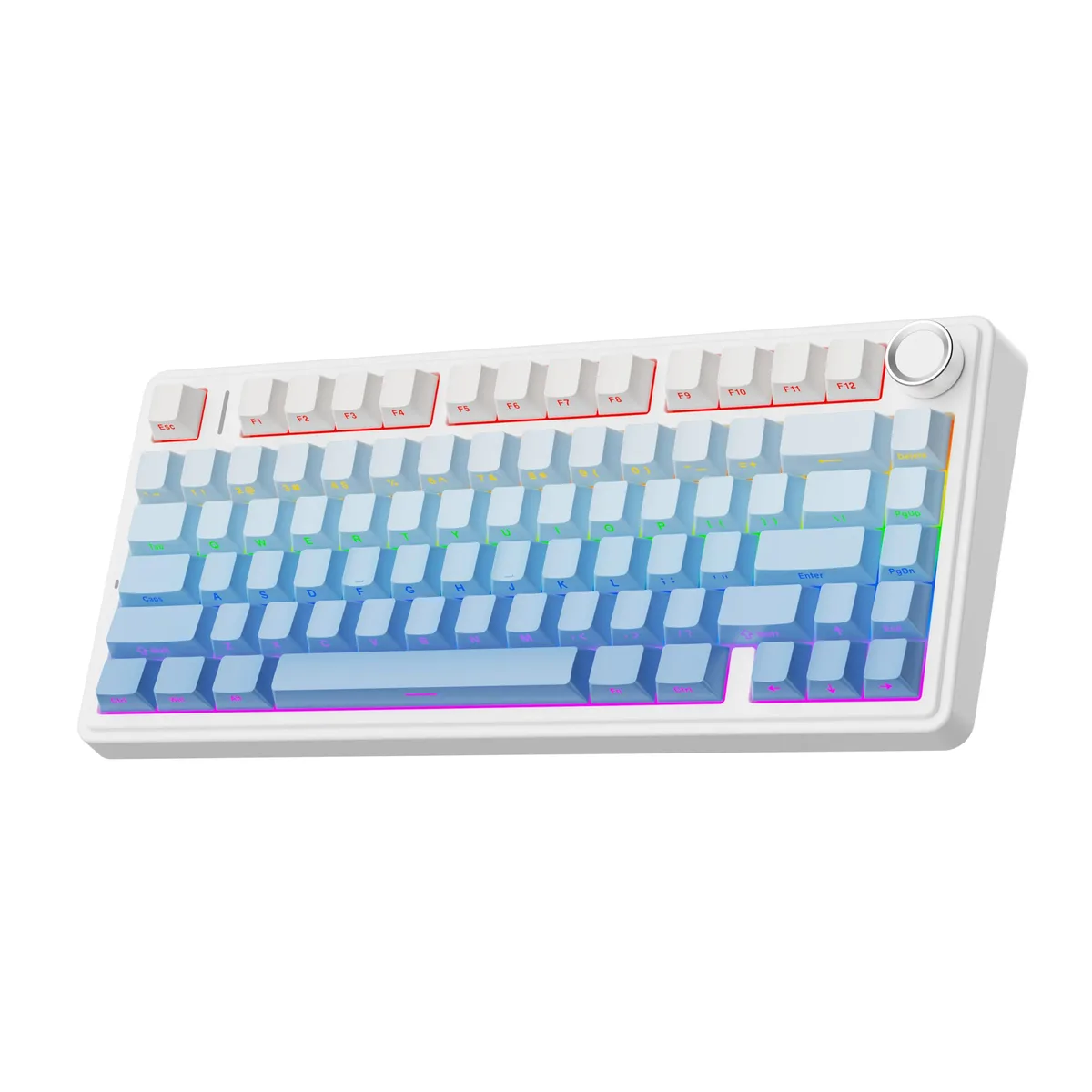 Compact 75% wireless mechanical keyboard in blue gradient finish with rotary knob