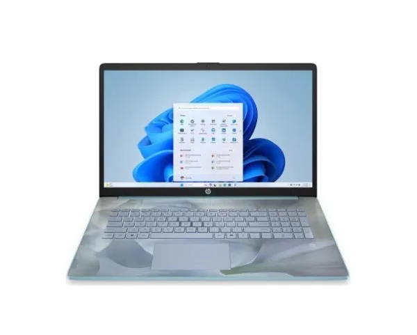 Silver 17.3 inch laptop with iridescent finish and touchscreen display