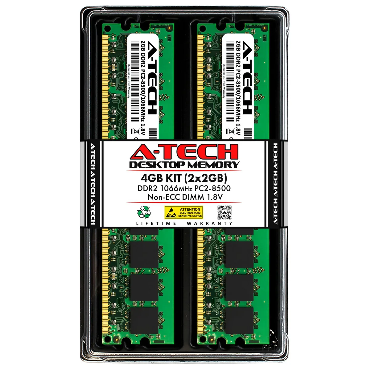 Two green DDR2 DIMM sticks with black chips and gold contacts