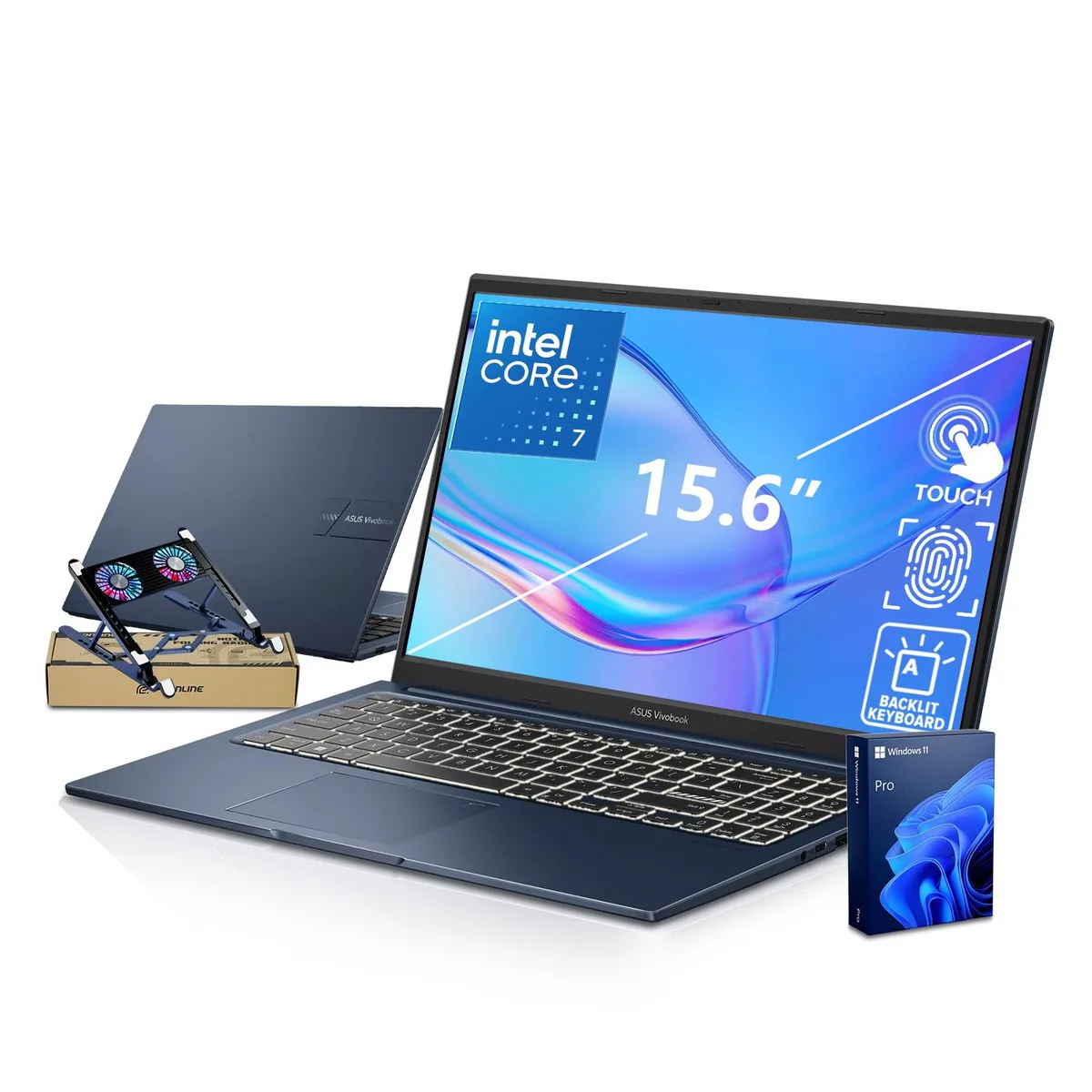 Blue ASUS Vivobook 15 laptop with touchscreen, open beside a PCO cooler