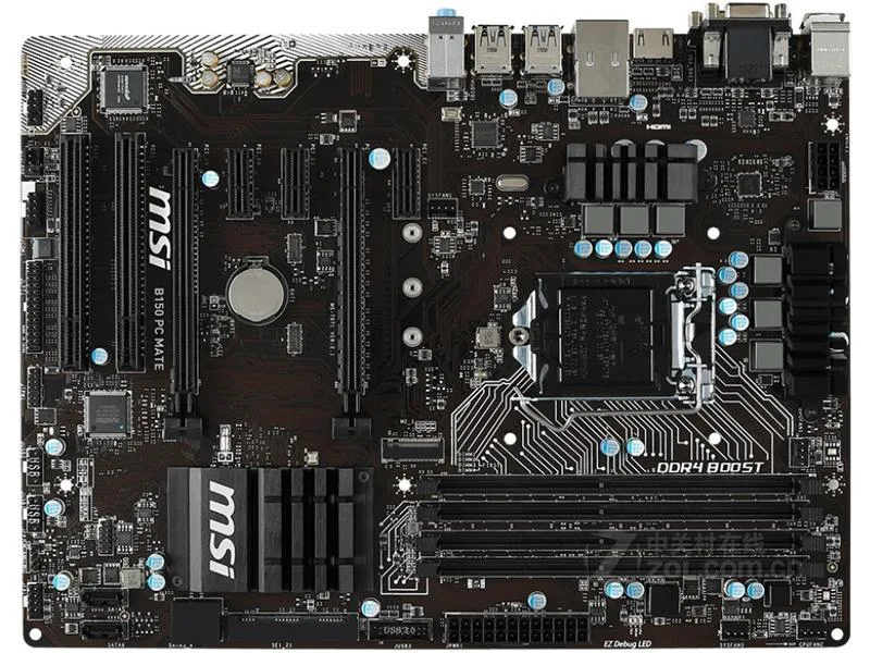 Green ATX motherboard with black PCIe and PCI slots, silver CPU socket cover, blue RAM slots and silver rear I/O panel
