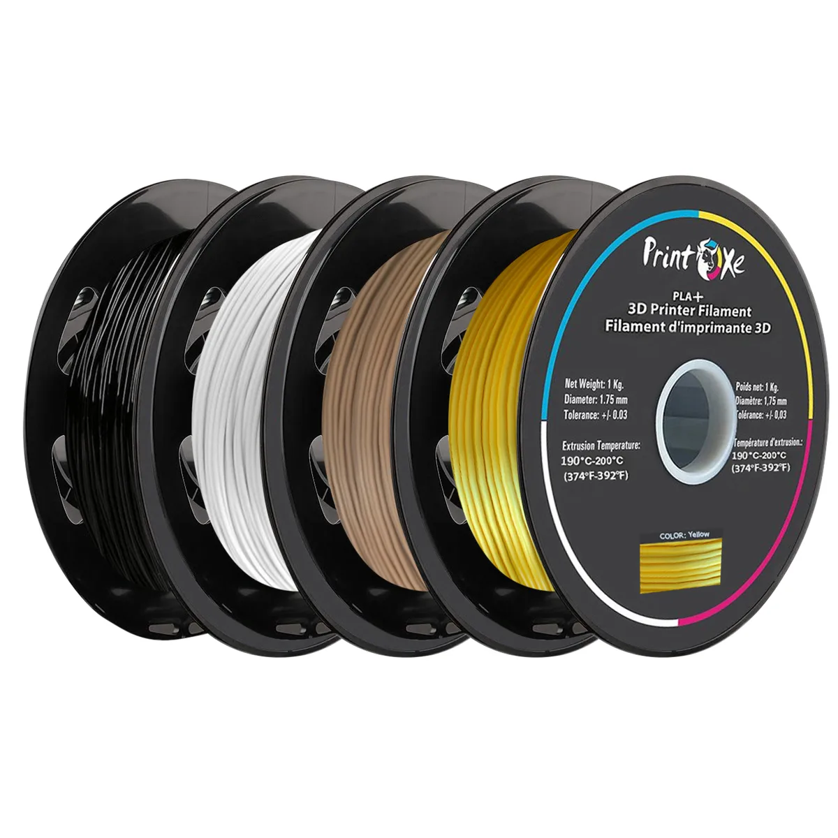 Four vacuum-sealed spools of 1.75 mm PLA+ filament in black, white, fluorescent yellow and dark wood colours