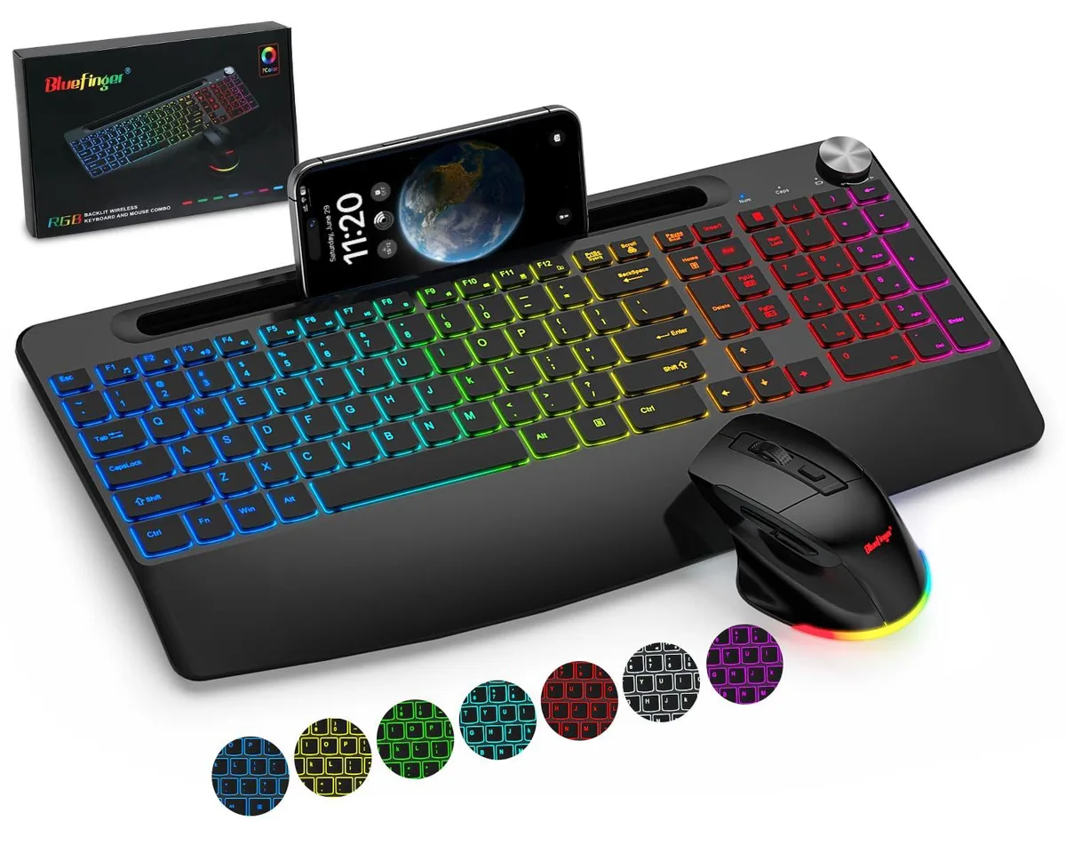 Black wireless keyboard and mouse combo with wrist rest and volume knob