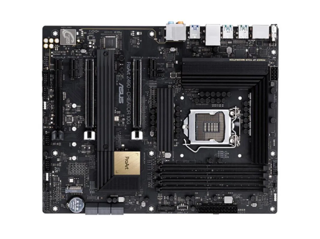 ATX motherboard with dark heatsinks and silver I/O shield
