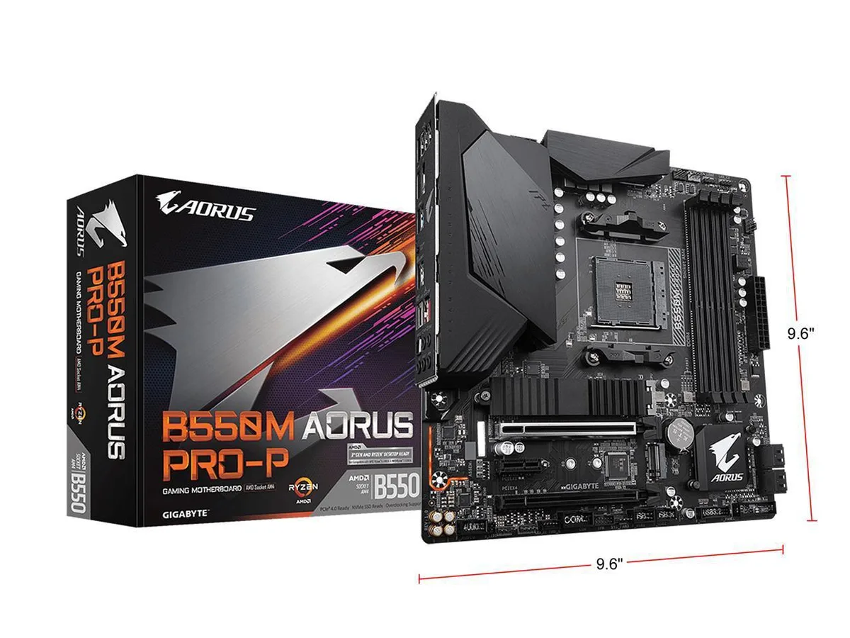 Micro-ATX motherboard, dark PCB with metallic heatsinks and silver AM4 socket