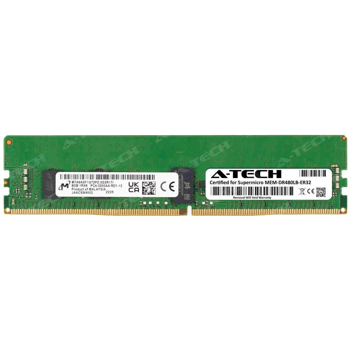 Green rectangular DDR4 RDIMM module with black chips and gold contacts