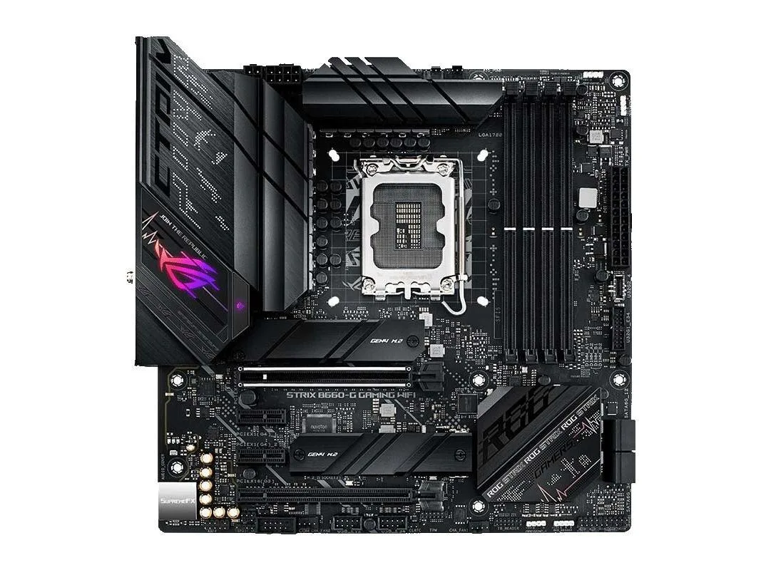 ASUS ROG STRIX B660-G GAMING WIFI micro-ATX motherboard dark finish with heatsinks and rear I/O shield