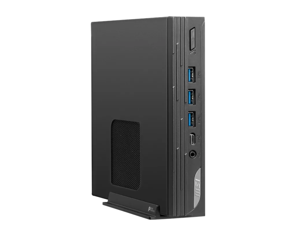 Compact black mini desktop, palm-sized 1.1L case, VESA mount ready