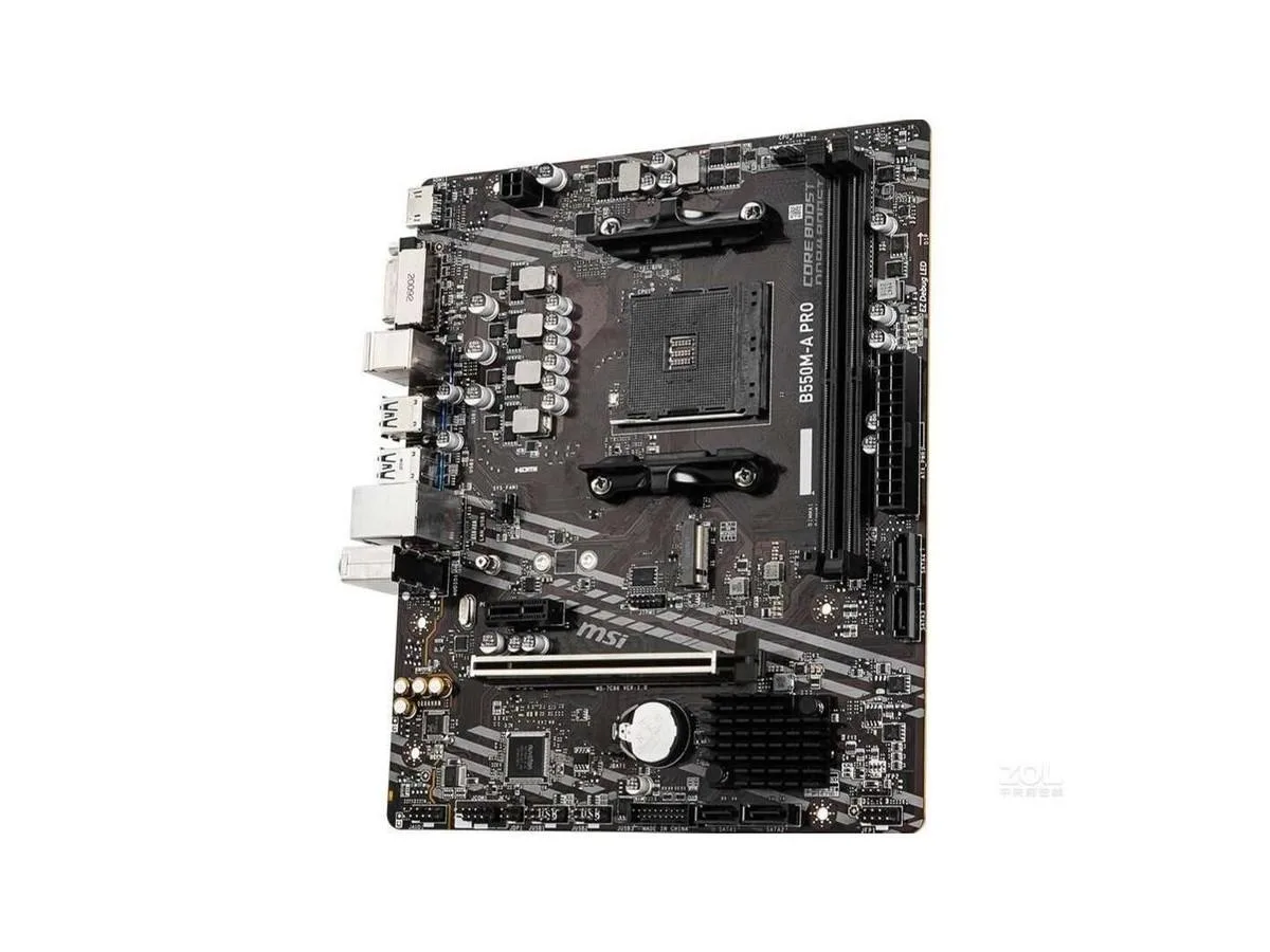 Green micro-ATX motherboard with black AM4 socket, four DDR4 slots, silver PCIe x16 slot, four SATA ports, M.2 slot, rear I/O shield