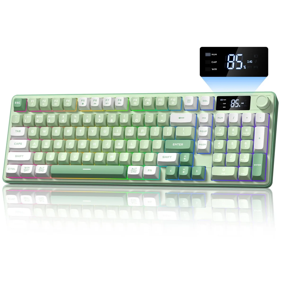 Green 98-key wireless membrane keyboard with knob and screen