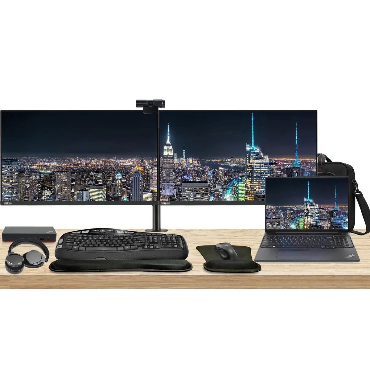 Lenovo ThinkPad E16 16 inch laptop, two 24 inch monitors on dual stand, USB-C dock, MK670 wireless keyboard and mouse, webcam