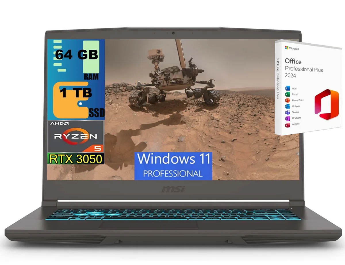 Black 15.6 inch gaming laptop with thin profile and backlit keyboard