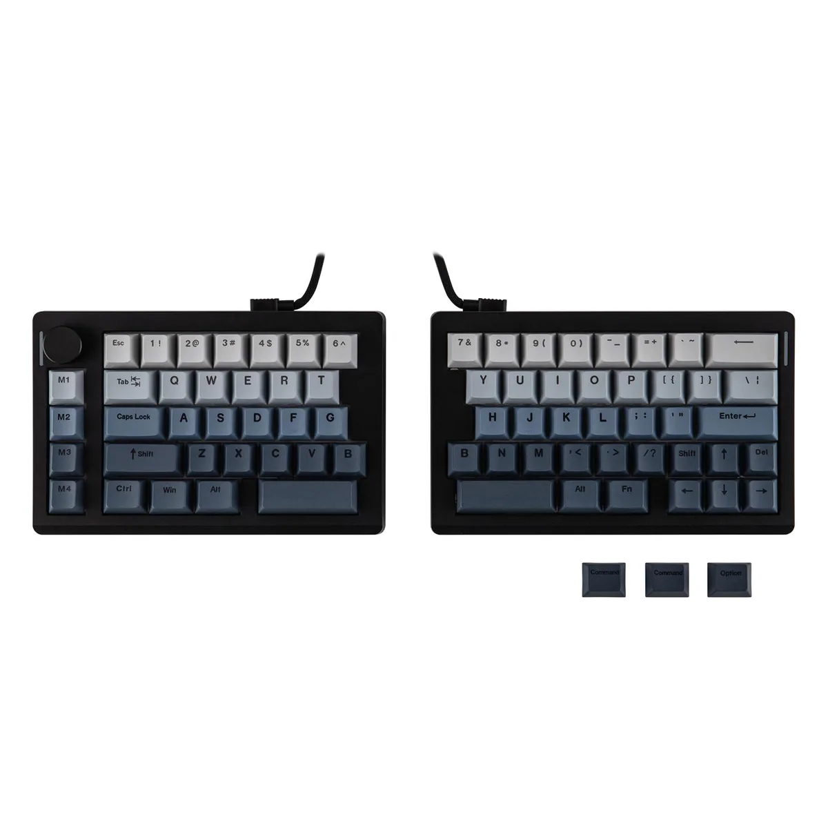 Black split mechanical keyboard in two halves, 71 keys, RGB backlight, rotary knob, ABS plastic
