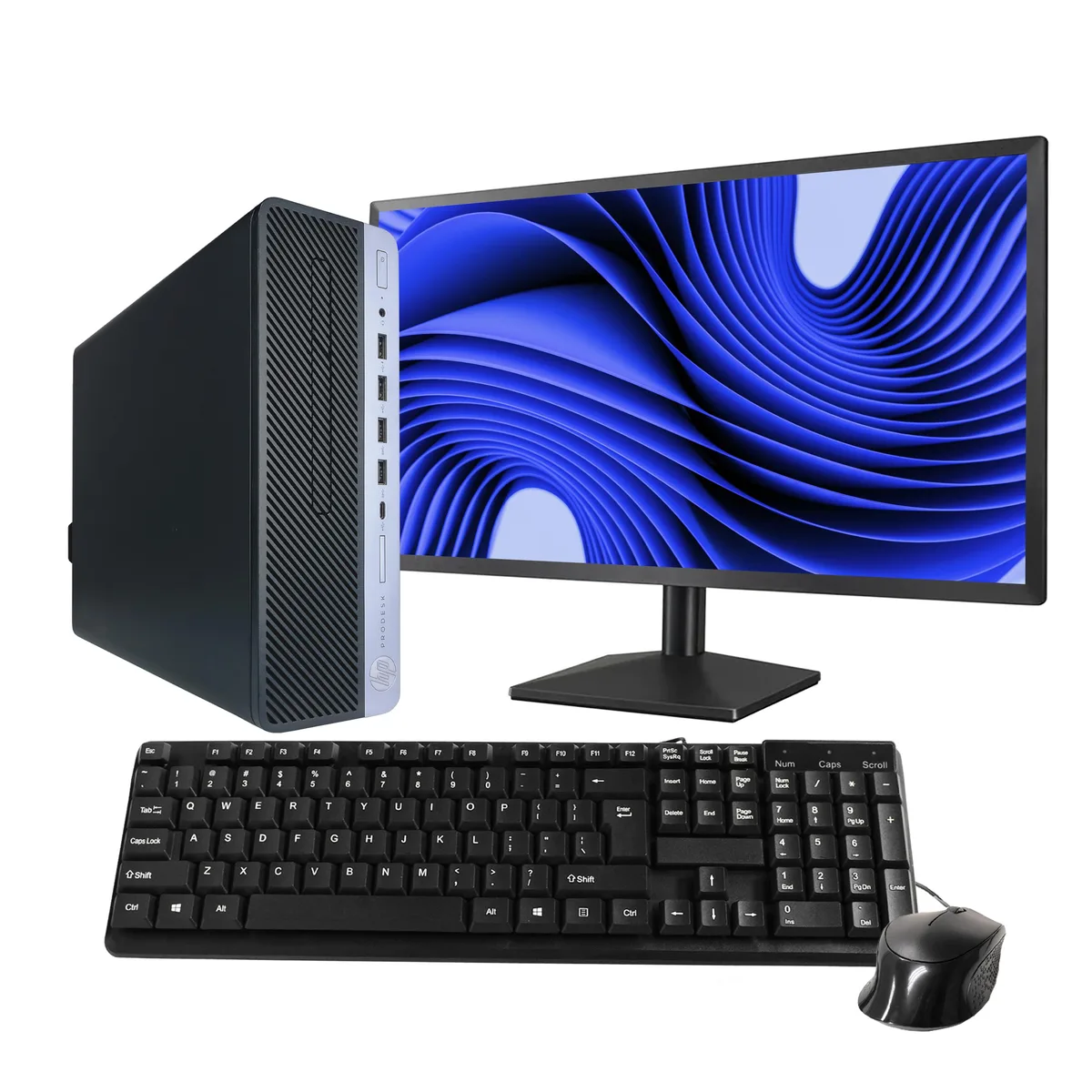Black HP ProDesk 600 G4 tower with 24 inch monitor keyboard mouse