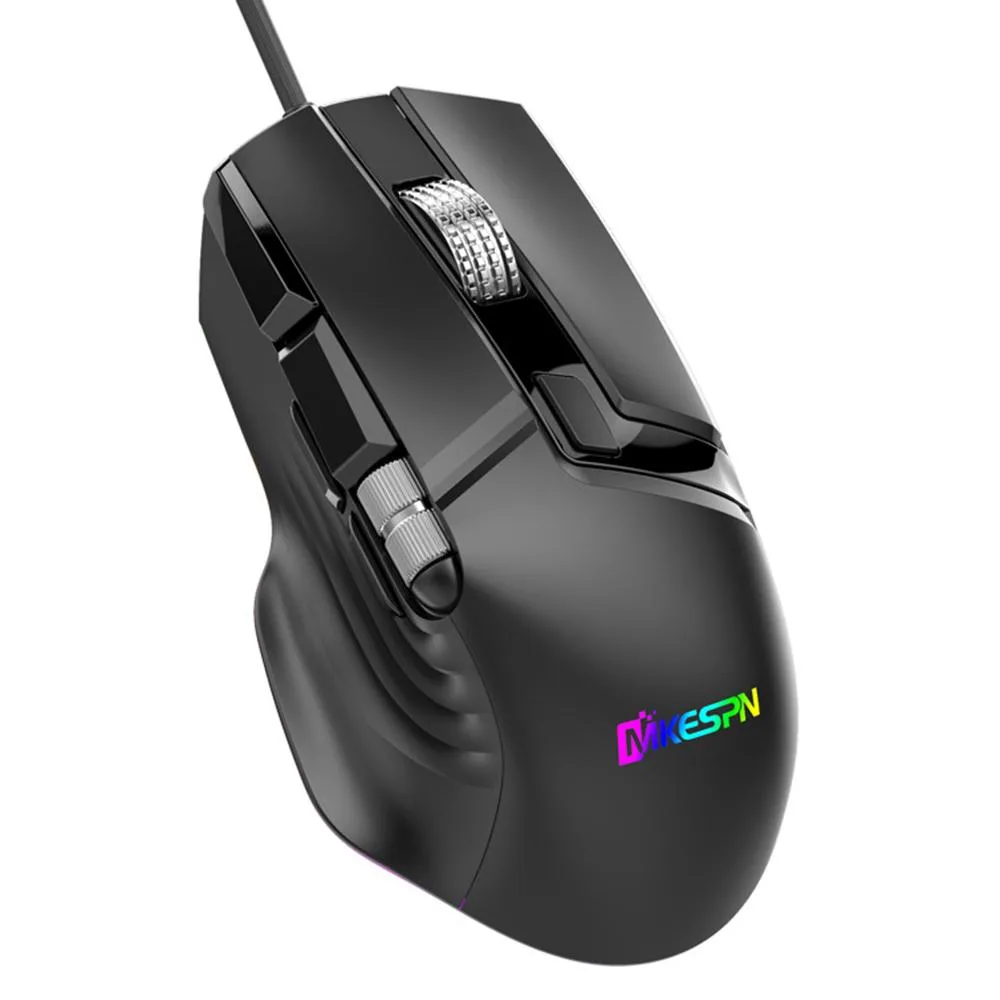 Black wired gaming mouse with two scroll wheels, 10 buttons and RGB lighting