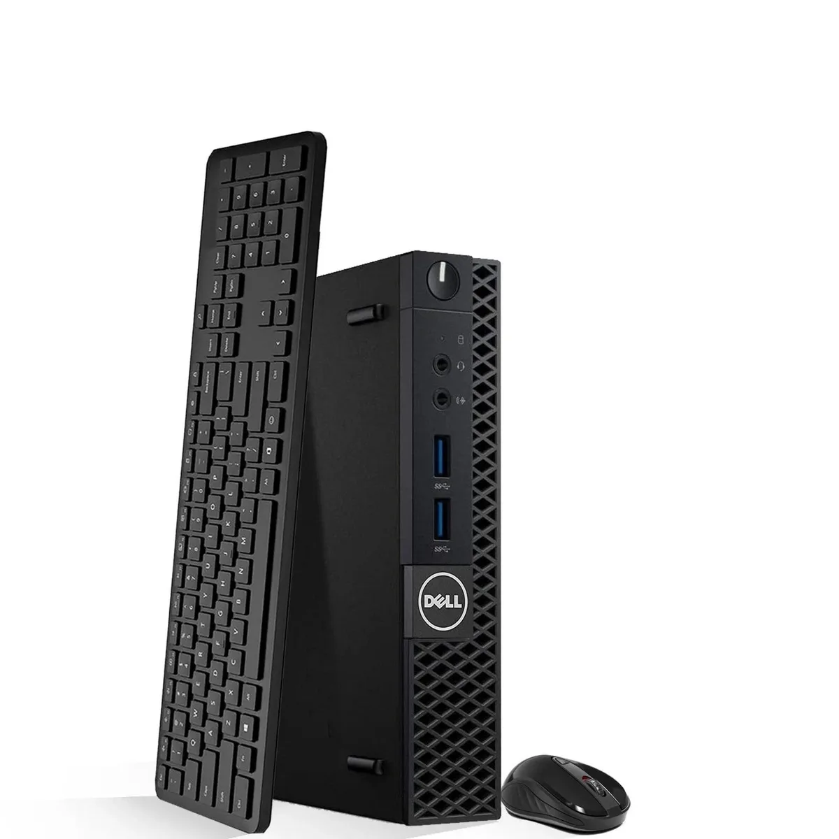 Compact black Dell 3070 Tiny desktop unit with keyboard and mouse