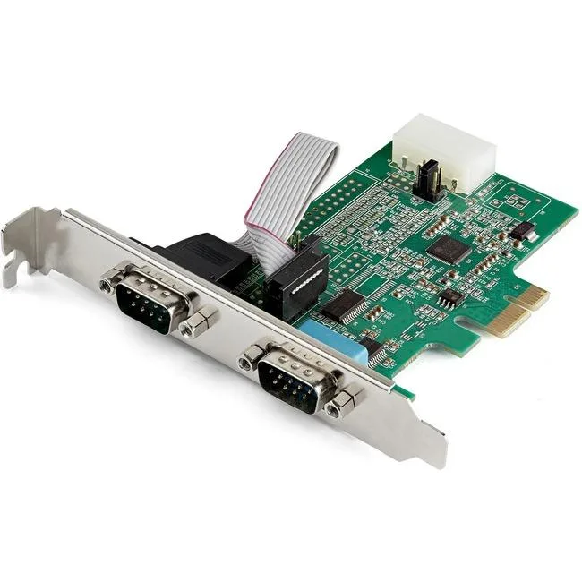 Green PCIe card with two DB9 ports and metal bracket