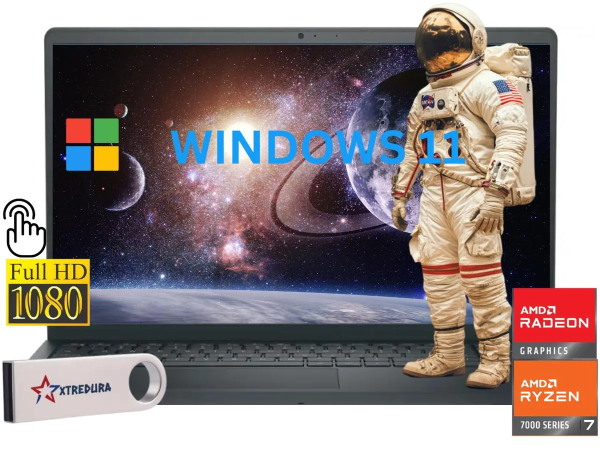 Black Dell Inspiron 3535 laptop with 15.6 inch FHD touchscreen display open on desk