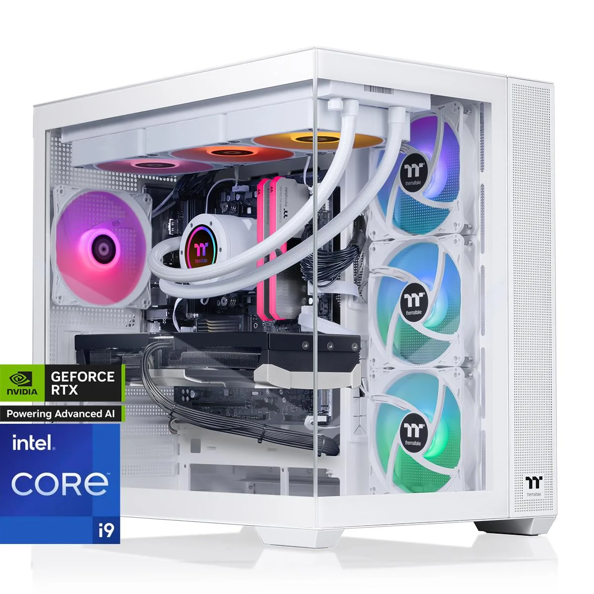 White mid-tower gaming PC with glass side panel and ARGB liquid cooling