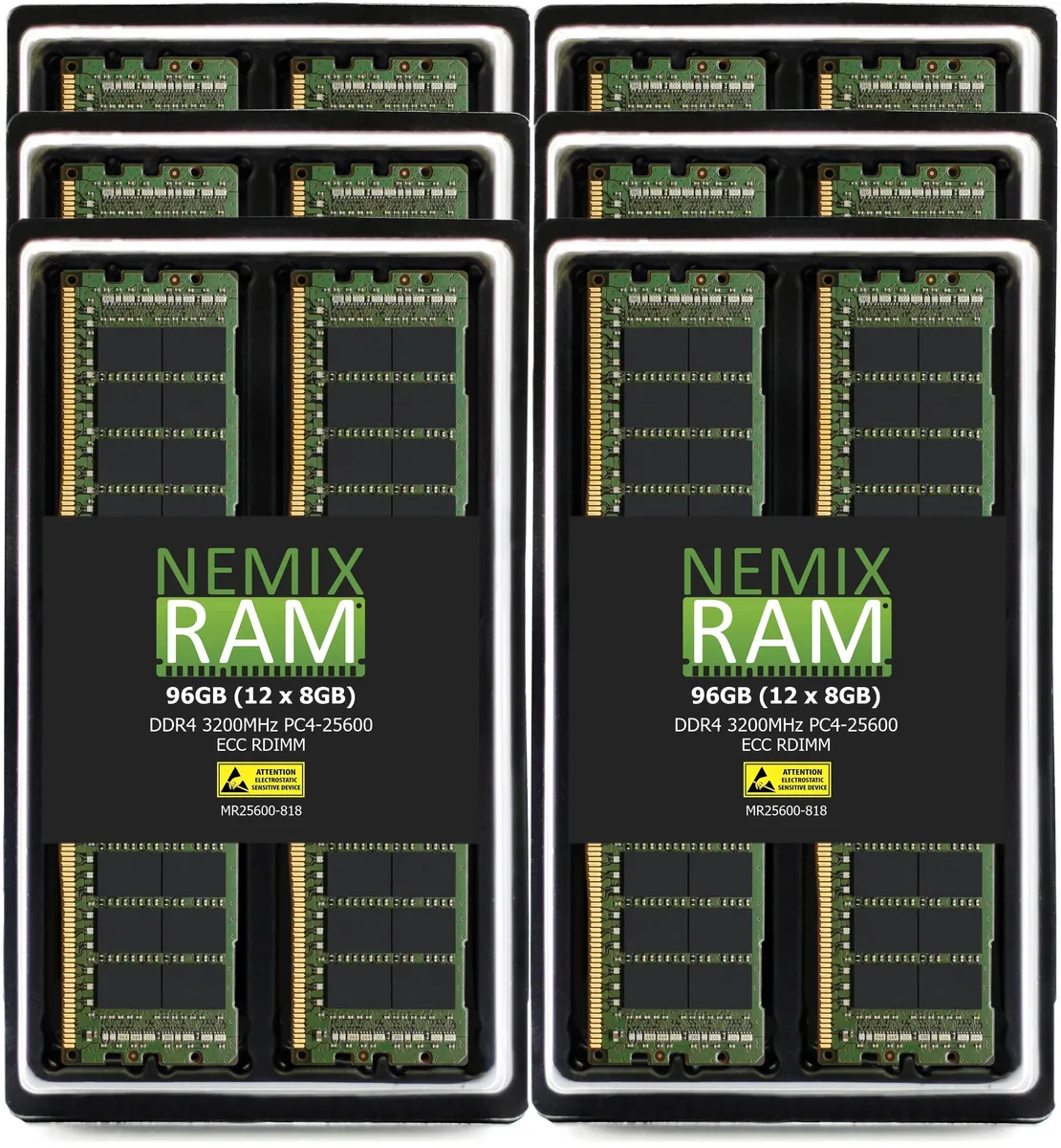 Twelve green DDR4 RDIMM modules in a row