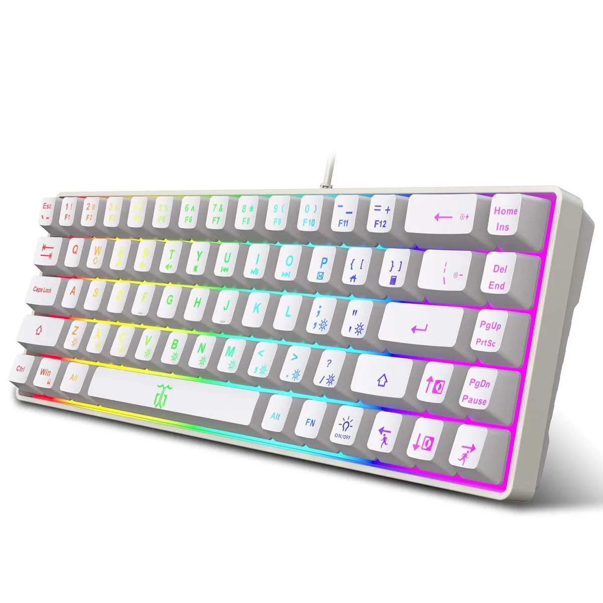 White compact 68-key gaming keyboard with RGB backlighting and USB cable