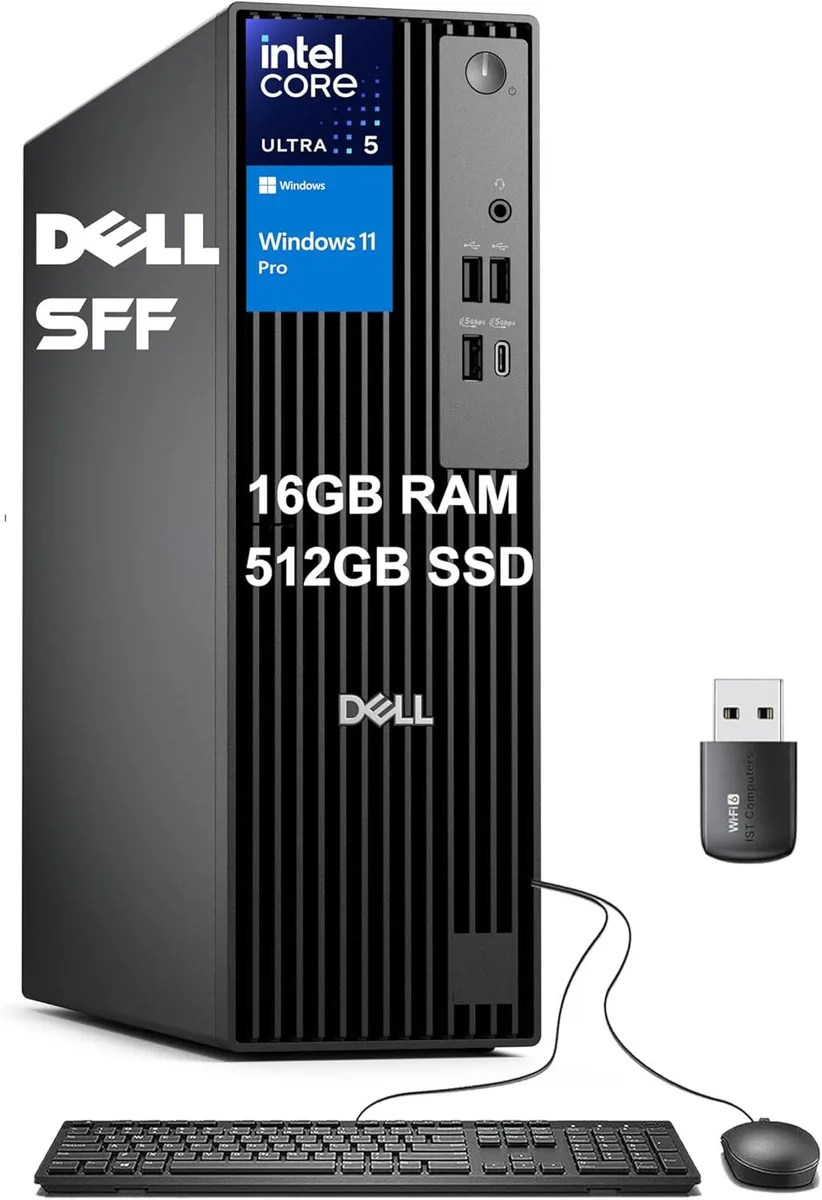 Compact black desktop tower with wired keyboard and mouse