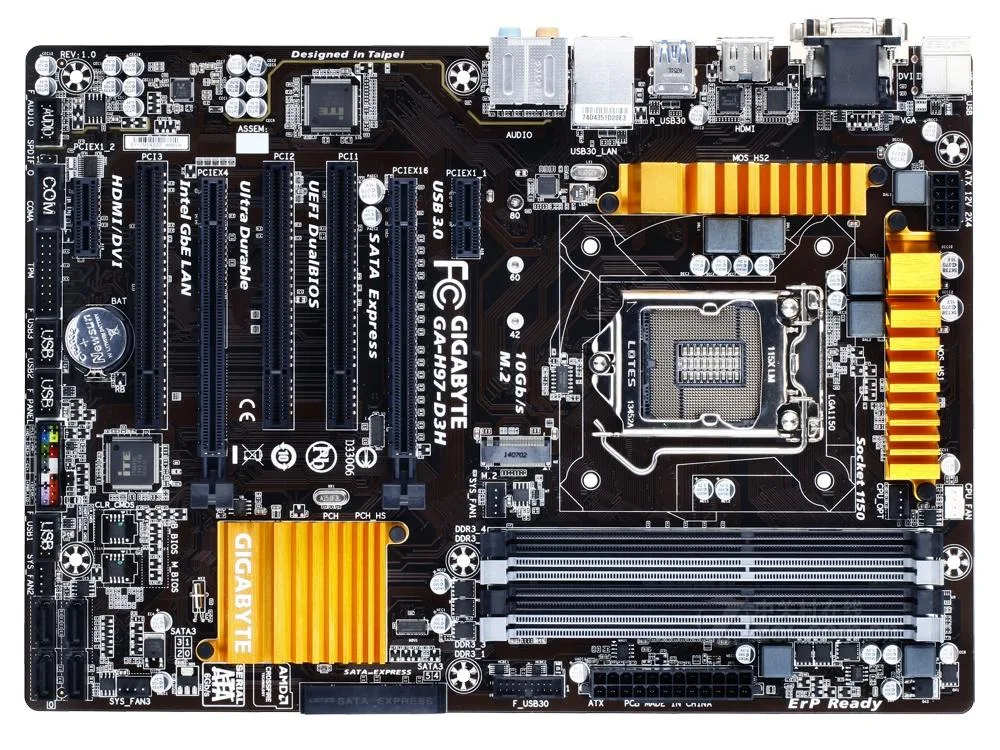 ATX motherboard in black finish with four DDR3 slots and silver heatsinks