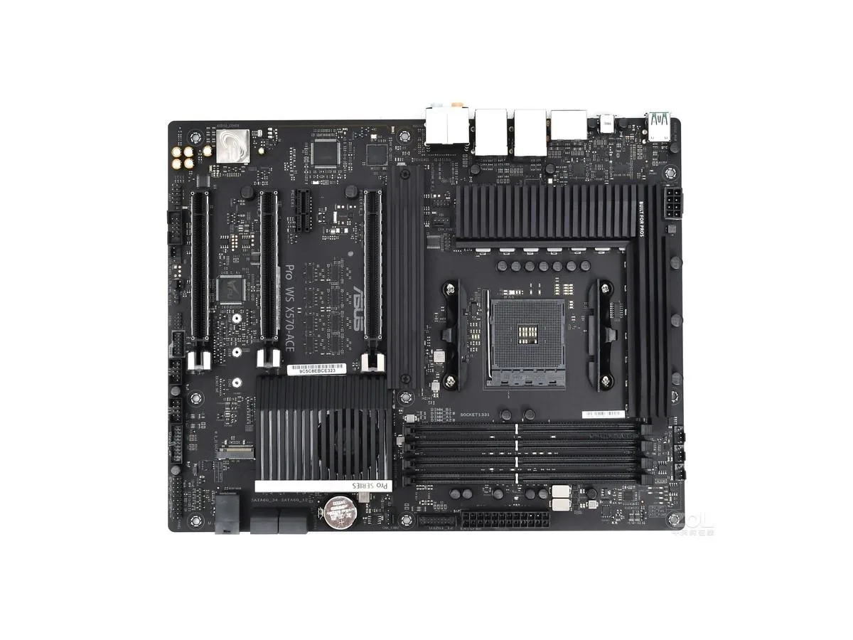 ATX motherboard in dark finish with silver heatsinks and AM4 socket