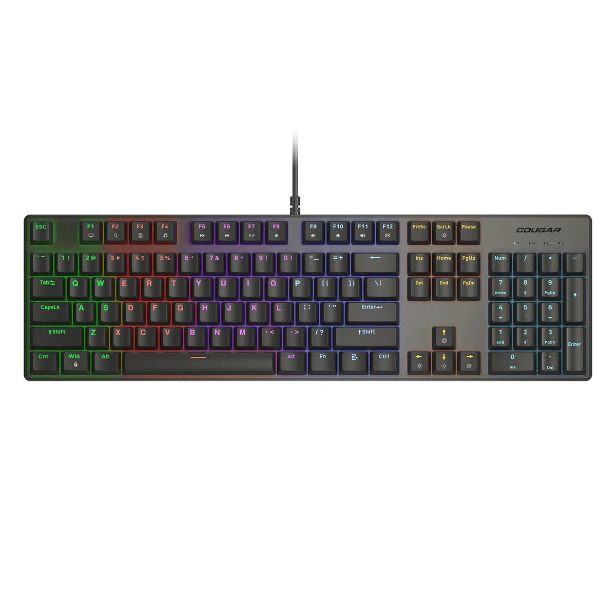 Full-size black gaming keyboard with backlit keys