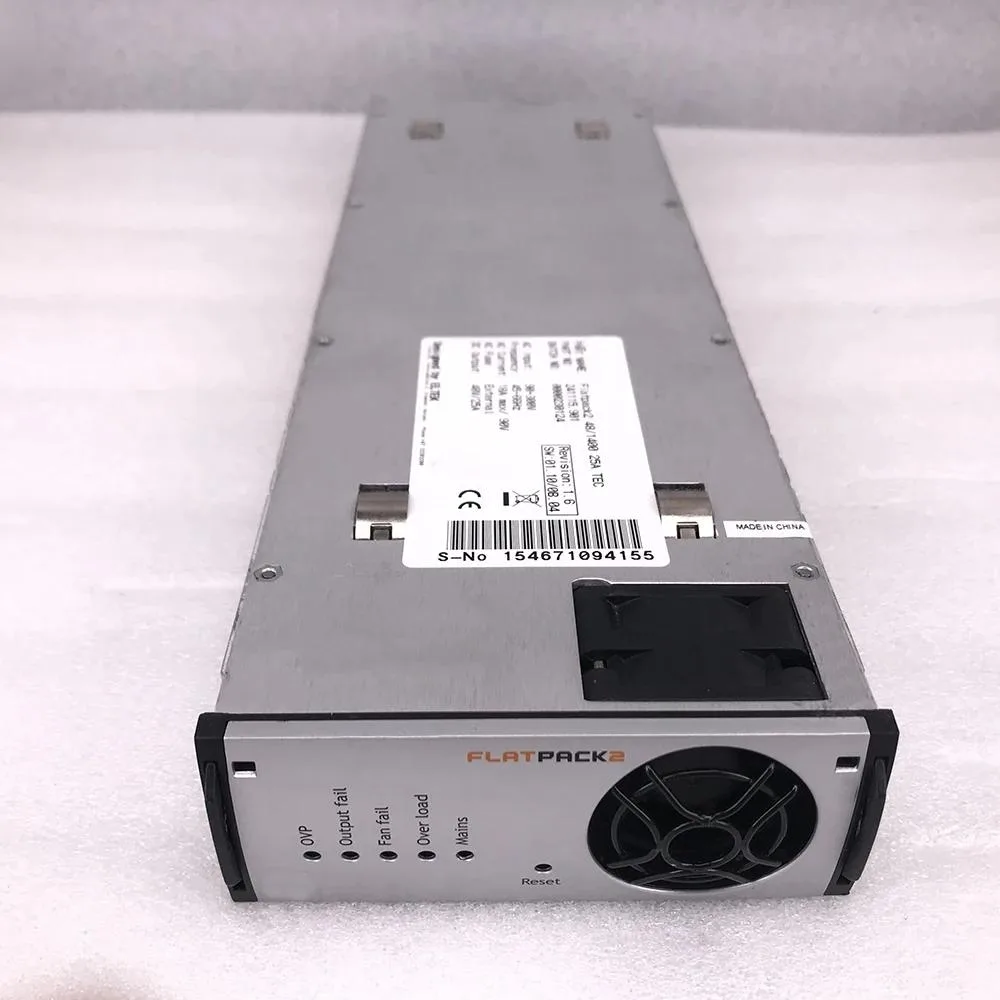 Rectangular silver power supply unit with front panel connectors and label showing 48V 25A output