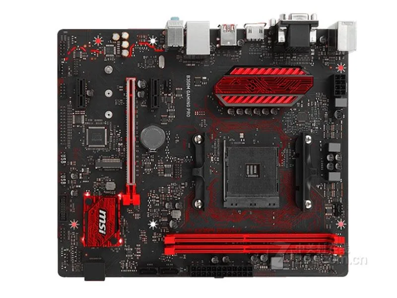Micro ATX board, black PCB with silver heatsinks and red accents