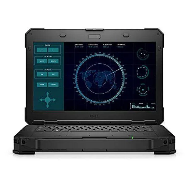 Black rugged laptop with 14 inch touchscreen, thick chassis and sealed rubberised keyboard
