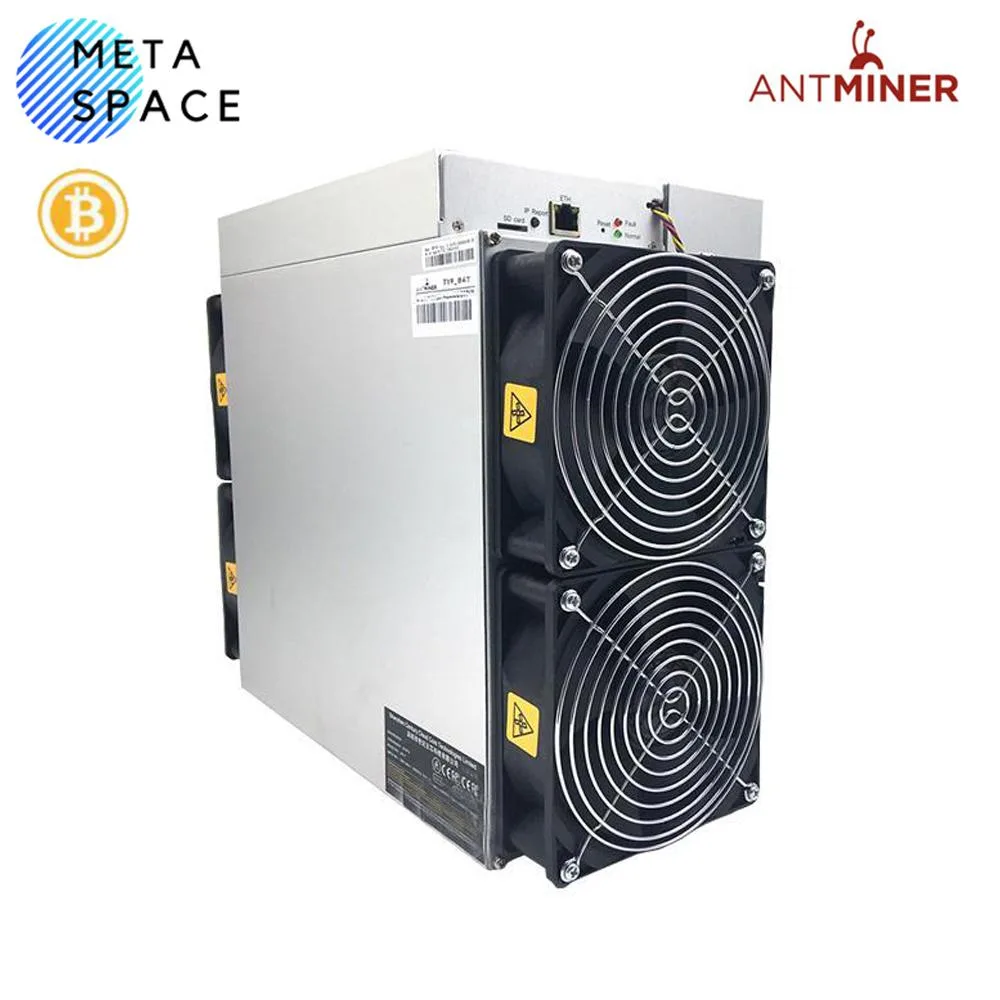 Rectangular metal mining unit with four front fans, integrated power supply, RJ45 port, matte grey finish