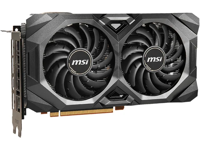 Black dual-fan graphics card with silver backplate and PCIe bracket