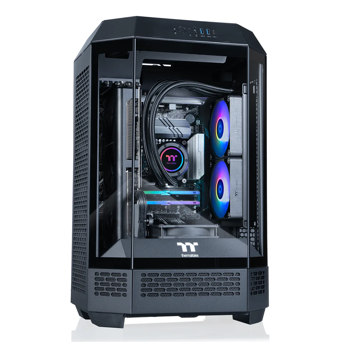 Black mid-tower gaming PC with 240mm ARGB liquid cooling visible through glass side panel
