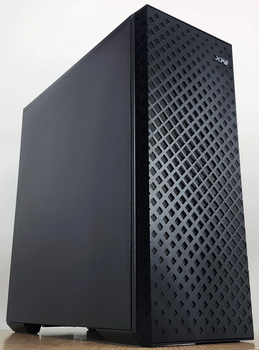 Black mid-tower gaming desktop with Asetek 120mm AIO cooler visible through side panel
