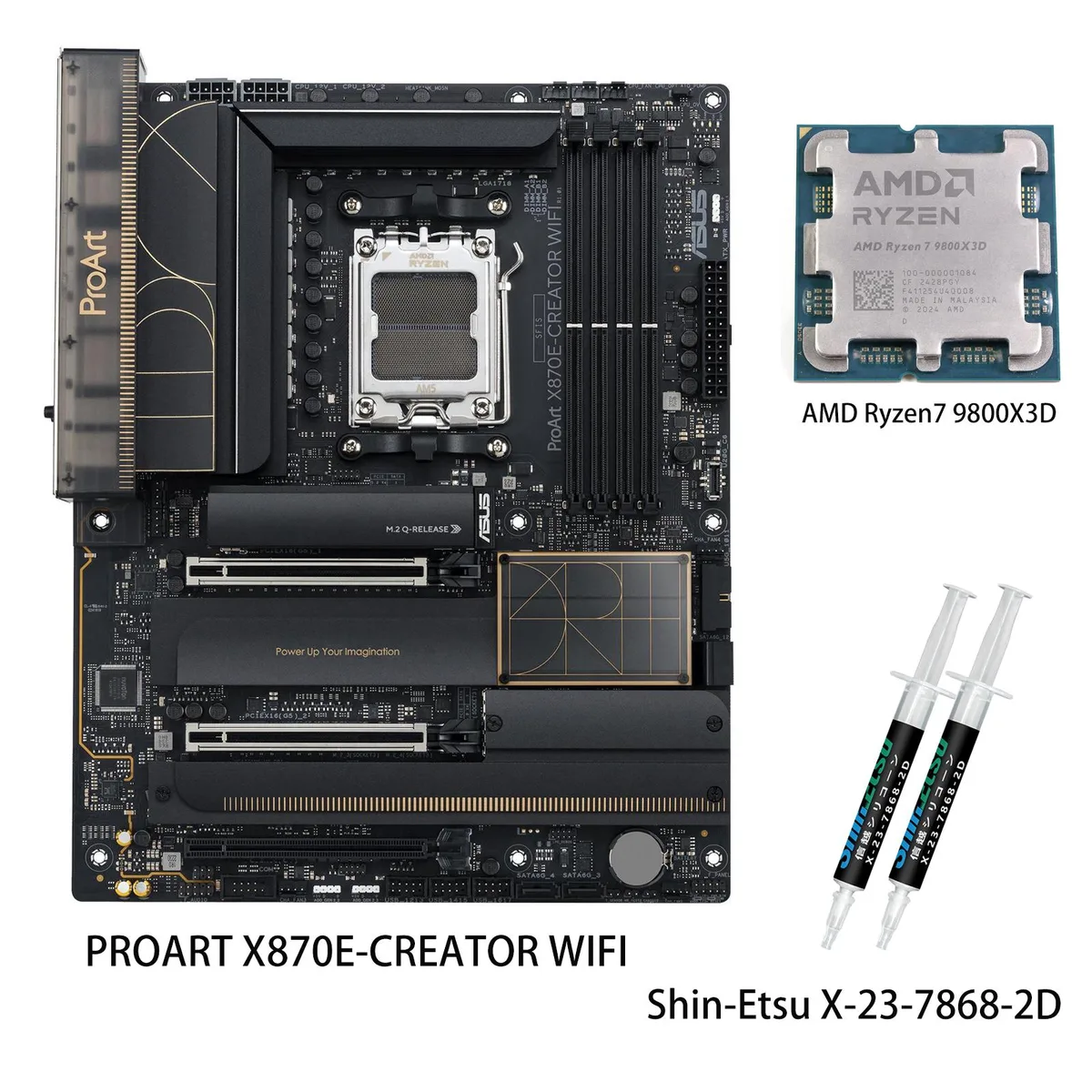 ATX motherboard in dark finish with silver heatsinks and included Ryzen CPU