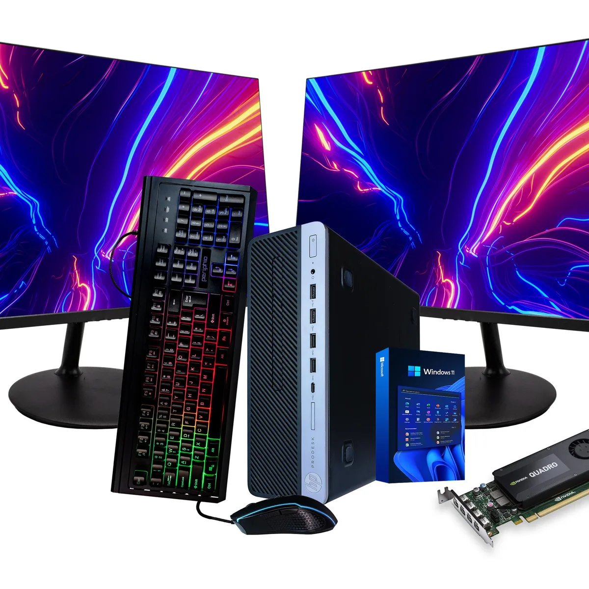 HP HP ProDesk 600G4 desktop PC i5-8500 32GB DDR4 1TB SSD 4TB HDD Quadro K1200 dual 22in monitors Windows 11 Pro — photo du produit