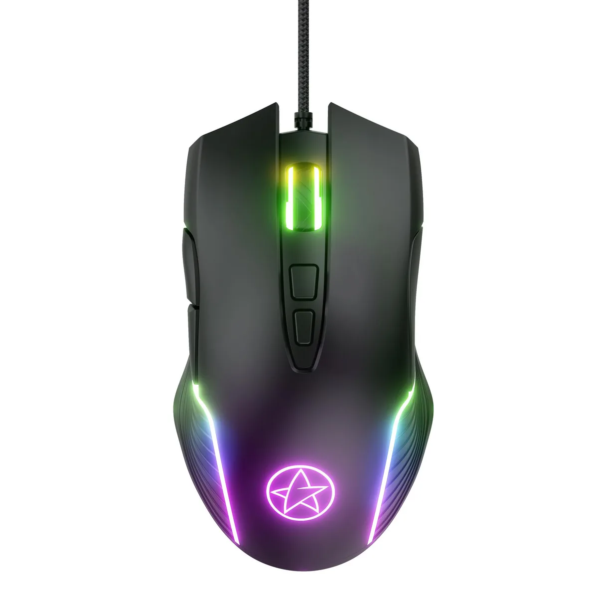 Right-handed black gaming mouse with RGB lighting, USB cable, ergonomic palm-claw shape